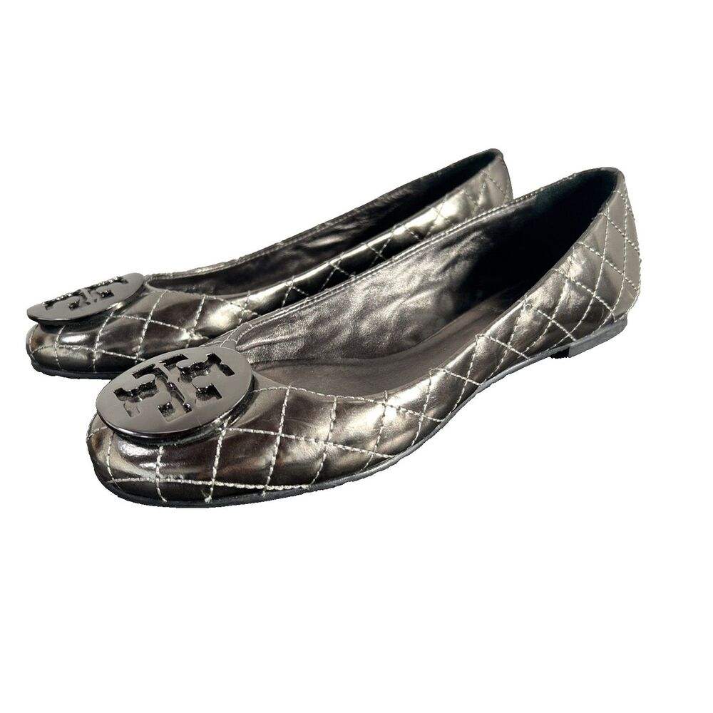Tory Burch Quinn Pewter Metallic Quilted Leather Ballet Flats Womens Size 8.5